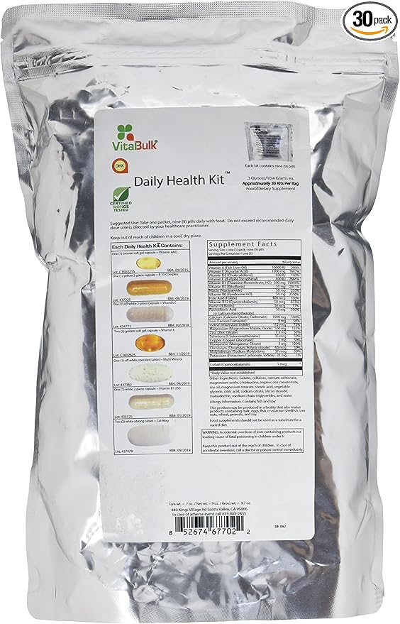 Vital Bulk Daily Health Kit Packet Multivitamins &amp Mineral 30 Count Box - Multivitamin for Men &amp Women - Contains Vitamin C 1000mg A D E K B Complex B12 Iron Calcium Magnesium &amp Potassium