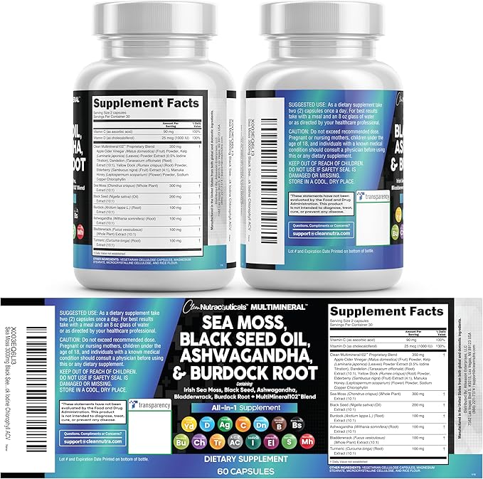 Clean Nutraceuticals Sea Moss Black Seed Oil Ashwagandha Turmeric Bladderwrack Burdock &amp Vitamin C Vitamin D3 with Elderberry Manuka Dandelion Yellow Dock Iodine Chlorophyll ACV - 2Pack (Pack of 2