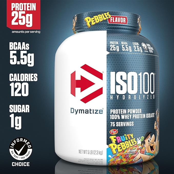 Dymatize ISO100 Hydrolyzed Fruity Pebbles Protein Powder Bundle 25g Protein 5.5g BCAAs 5 Pound + 20 Servings