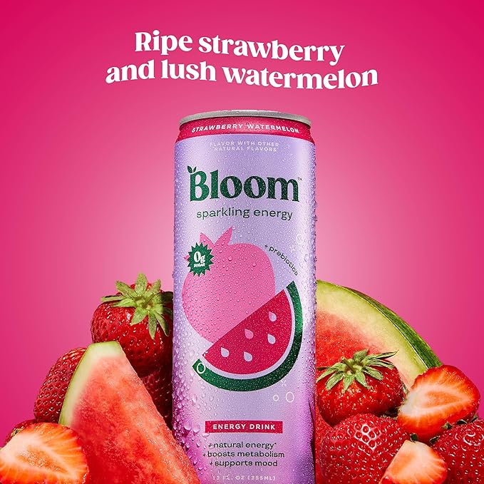 Bloom Nutrition Sparkling Energy Drink Zero Sugar 180mg Caffeine | Strawberry Watermelon | 12oz | 24 Pack | Antioxidant-Rich
