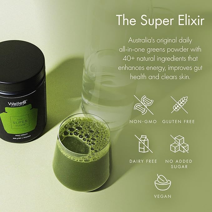 WelleCo The Super Elixir Daily Greens Powder Probiotic Drink Mix with Whole Foods Gluten Free Vegan Gut Health Powder Energy Immunity Healthy Skin Hair &amp Nails (Jar Pineapple &amp Lime Ja