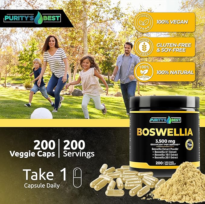 Purity’s Best BOSWELLIA SERRATA 4X + 10x + 20x ExtractImmune Support and Muscle Relief 200 Veggie Caps 100% Vegan
