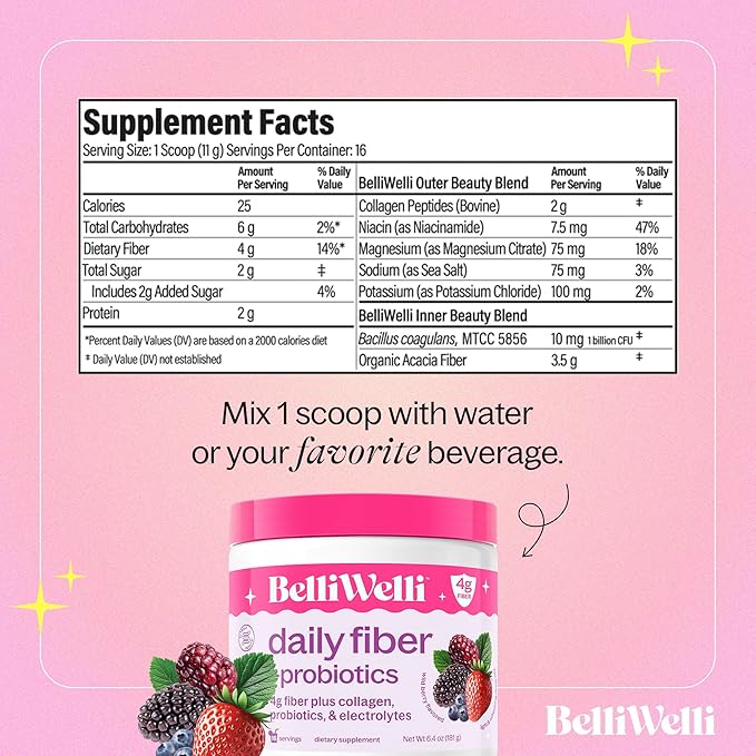 Belli Welli Daily Fiber Supplement Bundle with Collagen Probiotics &amp Electrolytes – Strawberry Lemonade &amp Wild Berry Flavors – Supports Digestion Gut Balance &amp Debloating – 32 Servings