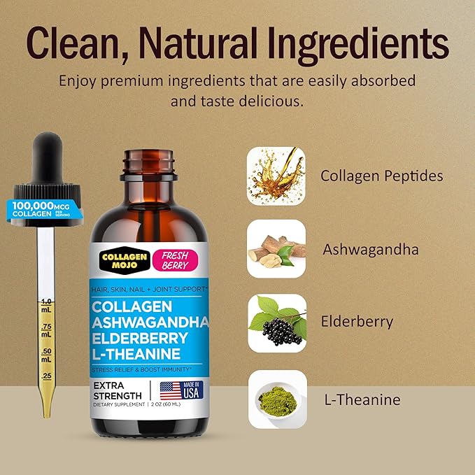 Collagen Mojo - Liquid Collagen for Women &amp Men Collagen Peptides with Ashwagandha Elderberry &amp L-Theanine - Hair Skin Nails Joint &amp Stress Support High Absorption - 100000mcg 2 Oz