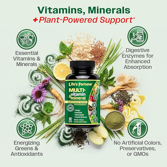 Life's Fortune Whole Food Multivitamin &amp Mineral Supplement for Men &amp Women – Energy Support Vitamins for Immune Brain &amp Metabolism Support – Iron Free 90 Vegetarian Tablets