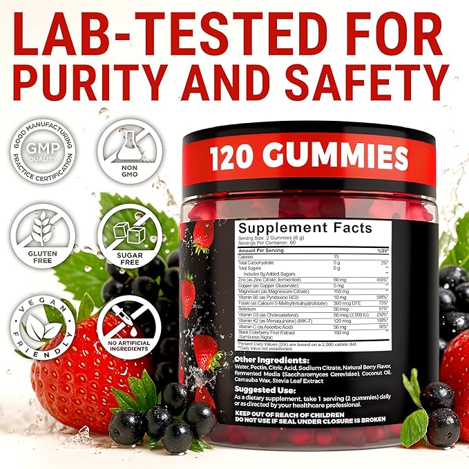 Immune Support Zinc Gummies 50mg with Elderberry Vitamin C and Zinc Supplements - Natural Antioxidant with Copper Vitamin D3 K2 Magnesium - Rich Berry Taste Sugar-Free 120 Gummies