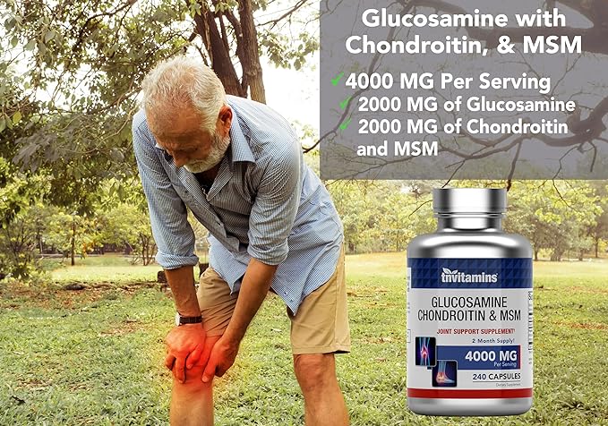tnvitamins Glucosamine Chondroitin MSM Capsules 240 Count | 4000 mg Per Serving | 2000 mg Glucosamine Sulfate 2KCl + 2000 mg MSM &amp Chondroitin Blend | Joint Support Supplement