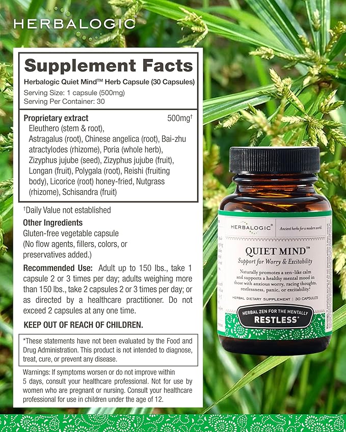 Herbalogic - Quiet Mind Herb Capsules - Non-Sedating Promotes a Feeling of Zen-Like Calm - Eases Anxious Worry and Panicky Mood - Based on The Traditional Chinese Formula GUI Pi Tang - 30 Cap Count