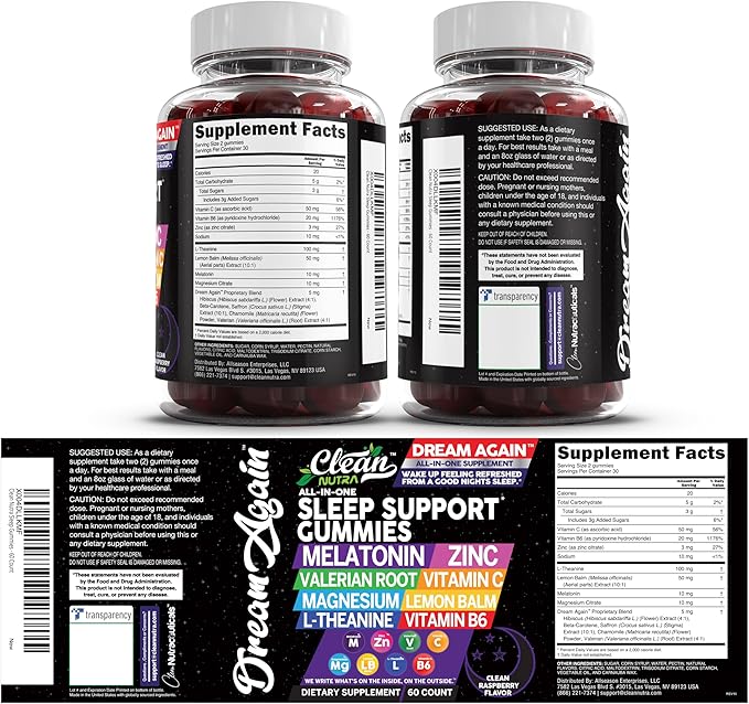 Clean Nutra Melatonin Gummies 10mg | Sleep Aid Valerian Root L-Theanine Vitamin B6 C Lemon Balm Magnesium Hibiscus Beta Carotene Saffron &amp Chamomile Rest Support Supplement Raspberry Flavor