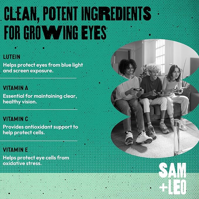 SAM+LEO Eye Vitamin Gummies with Lutein &amp Zeaxanthin for Kids &amp Teens - Eye &amp Vision Health Support Supplement Gummies + Vitamins A E &amp C | Vegan &amp Gluten Free Supplement - Orang