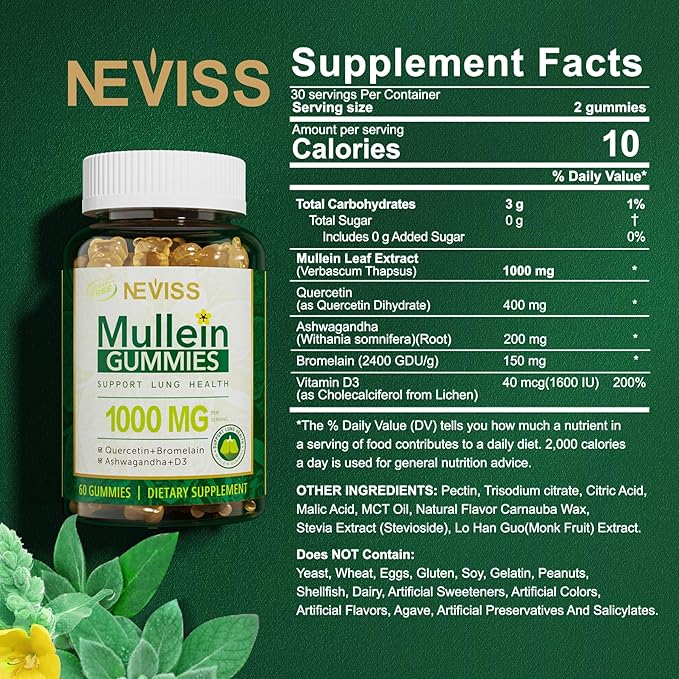NEVISS Mullein Leaf Extract for Lungs Gummies with Vegan Multivitamin Gummies for Women Men