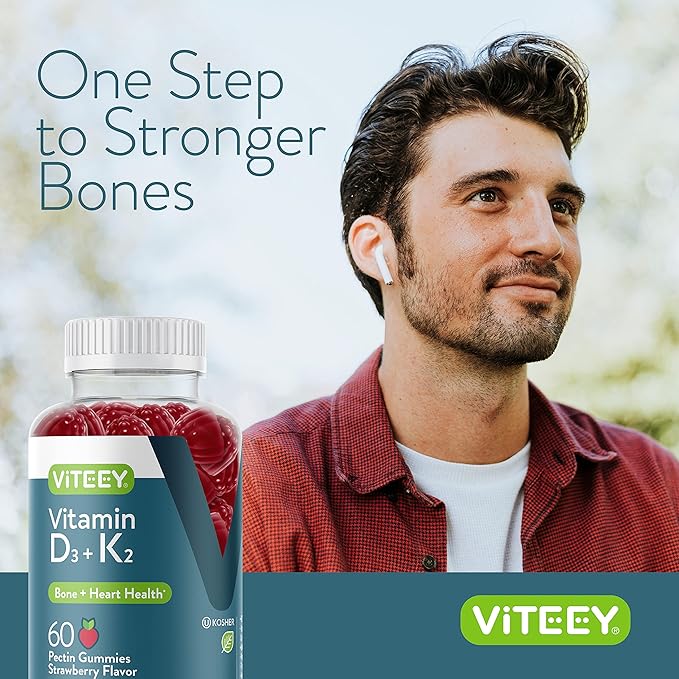VITEEY Vitamin D3 K2 Gummies - 1000 IU Vitamin D3 and K2 100mcg - Bone &amp Heart Health for Adults and Teens - Vegetarian Gelatin Free GMO Free - Tasty Chewable D3K2 Vitamins Strawberry Flavored G
