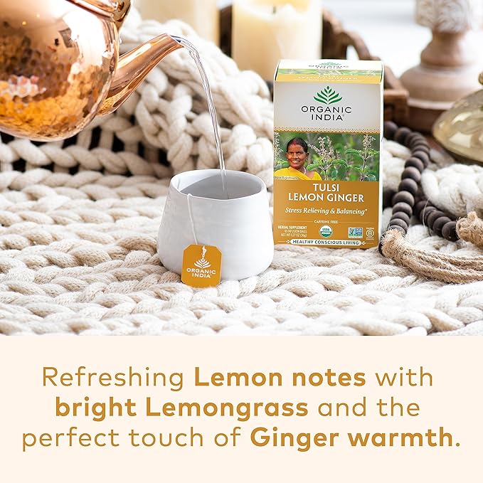 ORGANIC INDIA Tulsi Lemon Ginger Tea Bags - Herbal Tea Stress Relieving &amp Reviving Immune Support Aids Digestion Vegan USDA Certified Organic Non-GMO Caffeine-Free - 18 Infusion Bags 3 Pac