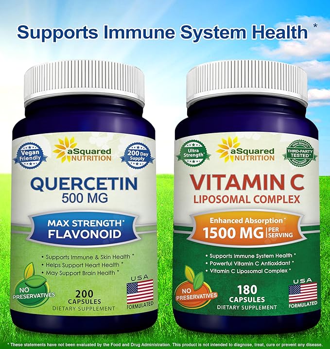 aSquared Nutrition Bundle for Quercetin 500mg &amp Vitamin C Liposomal Complex 1500mg - Immune Support