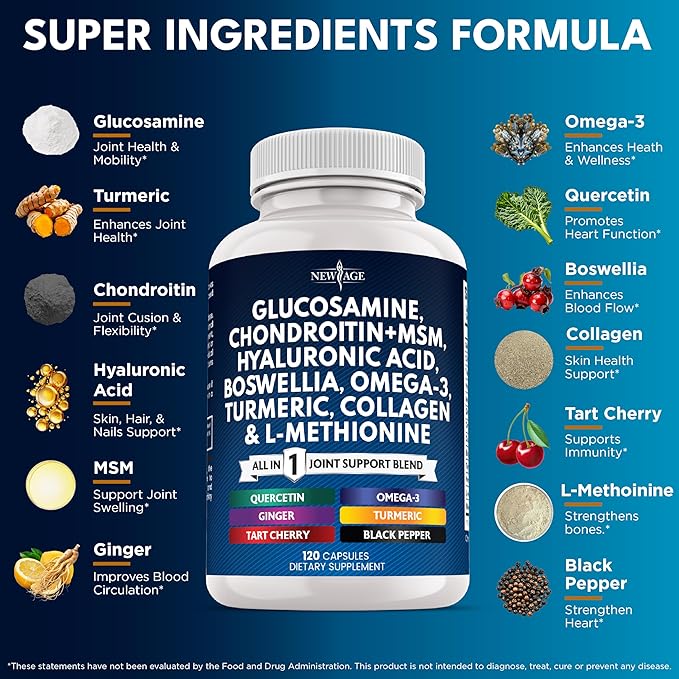 Glucosamine Chondroitin MSM Turmeric Curcumin Collagen Hyaluronic Acid Omega 3 – Joint Health Supplement for Men &amp Women – 120 Count