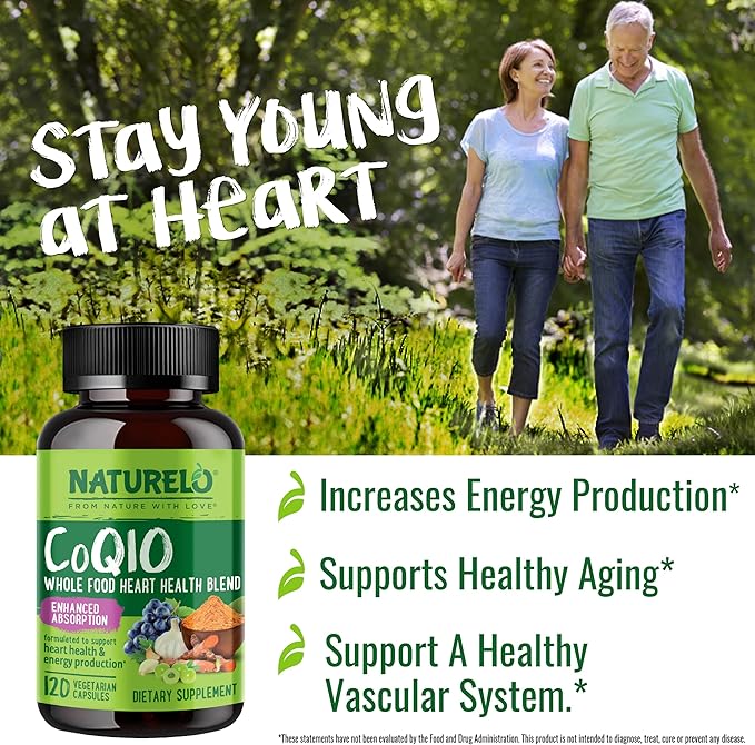 NATURELO Whole Food CoQ10 with Heart Health Blend Powerful Antioxidant for Energy Production 120 Capsules (Pack of 2)