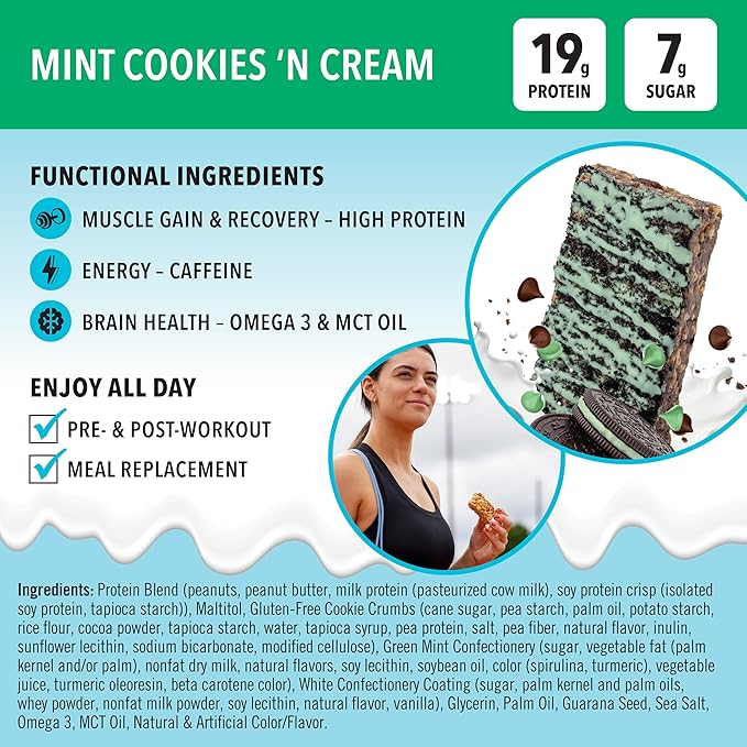 JiMMYBAR! Mint Cookies N Cream - 19g Protein Bars - 7g Low Sugar- 12 Count - 58g Health Bars - Functional Snack with Real Peanut Butter &amp Hand-Drizzled Chocolate Protein Bar