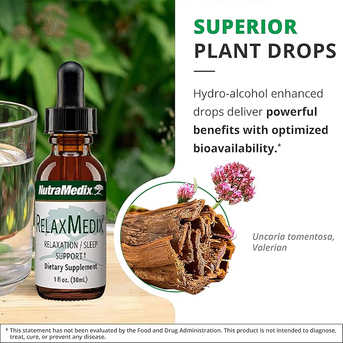 NutraMedix RelaxMedix Drops - Rest and Relaxation Support Supplement with Samento Cat's Claw and Valerian Root Extract - Tincture for Unwinding and Immune System Support (1oz / 30ml)