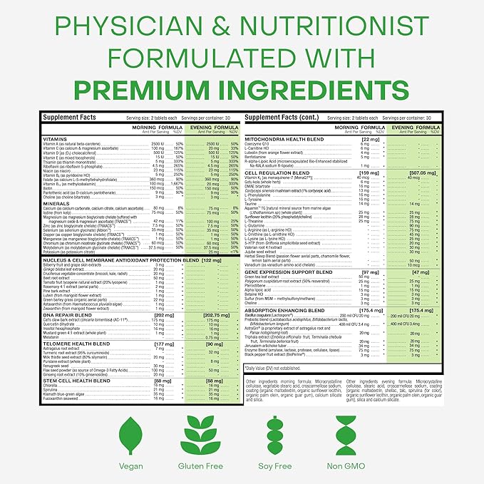 HealhtyCell AM/PM Healthspan System - 90+ Vitamins Minerals Protective Phytonutrients Probiotics &amp Enzymes for Advanced Cellular Nutrition - 60 AM Tablets &amp 60 PM Tablets