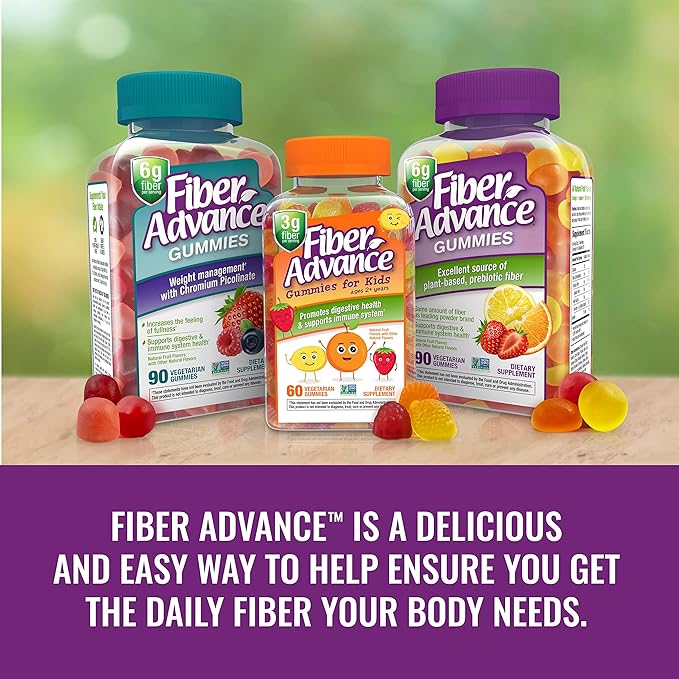 Fiber Advance Gummies | 100% Plant Based Fiber Supplement for Digestive Health | Chicory Root Inulin Prebiotic Gummies | Gluten Free Vegetarian &amp Non-GMO (Kids 3-Pack)