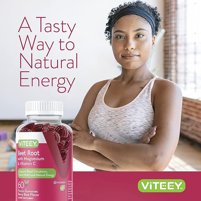 Viteey Beet Root Gummies with Magnesium &amp Vitamin C - Beetroot Supplement for Heart Health Blood Pressure Support - Vegan Gluten-Free - 120 Count