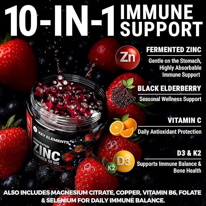 Immune Support Zinc Gummies 50mg with Elderberry Vitamin C and Zinc Supplements - Natural Antioxidant with Copper Vitamin D3 K2 Magnesium - Rich Berry Taste Sugar-Free 120 Gummies