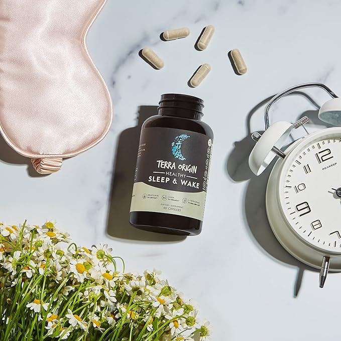 TERRA ORIGIN Healthy Sleep &amp Wake | Natural Sleep Aid Supplement for Adults | Restful and Awake Refreshed | GABA L-Tryptophan Melatonin Chamomile Valerian PassionFlower | 60 Capsules