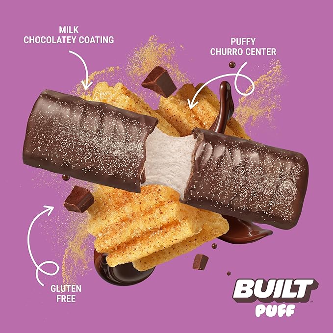 BUILT Bar Puff Protein Bars - Churro - 17g Protein Snack Bars with Collagen - Calorie Conscious &amp Gluten Free - 12 Count