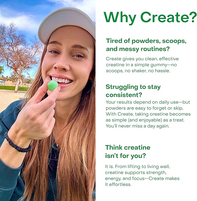 Create Creatine Monohydrate Gummies for Men &amp Women Boost Focus Strength and Endurance Anti-Melting Formula Vegan Gluten-Free Non-GMO 1.5g of Creatine per Gummy (Sour Green Apple)