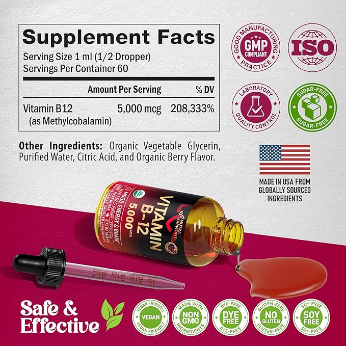 USDA Organic Vitamin B12 Sublingual Drops - 5000 mcg Liquid Vegan Methylcobalamin for Women &amp Men - Energy Boost Focus &amp Mood Brain Health Support - Maximize Absorption - 2 Month Supply 2 f