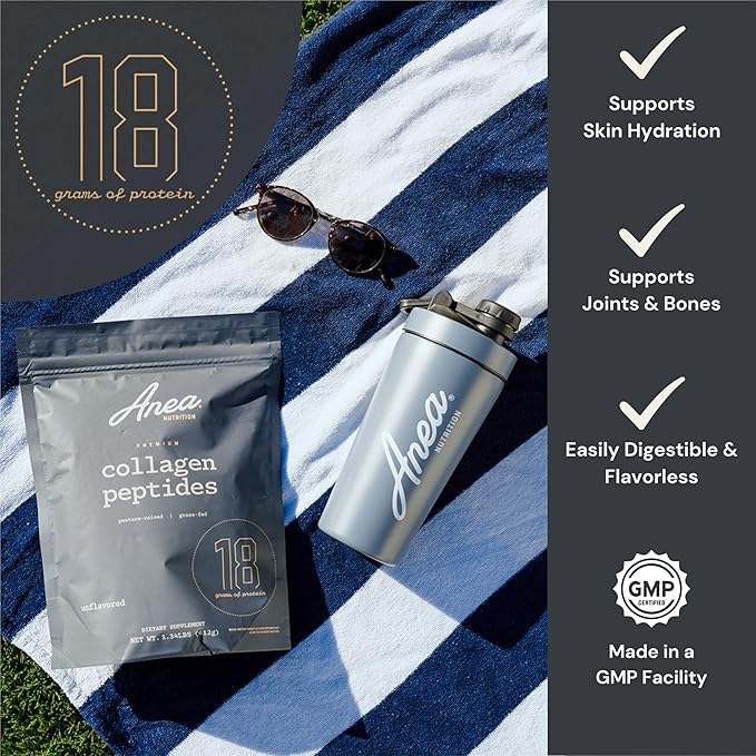 Anea Collagen Peptides - Unflavored | 18g Protein | Supports Skin Hair Nails &amp Joints | Highly Bioavailable | Mixes Easily in Hot or Cold Drinks | Made in GMP Facility