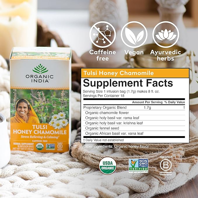 ORGANIC INDIA Tulsi Honey Chamomile Tea Bags - Herbal Tea for Stress Relieving &amp Calming USDA Certified Organic Caffeine Free - 18 Tea Bags 3 Pack