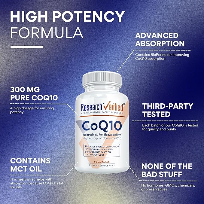 Research Verified CoQ10-100% Pure Extra Strength 300mg CoQ10 – Improved Absorption and Bioavailability with Bioperine - Boost Antioxidant Levels Improve Cardiovascular Health 180 Vegan Capsules
