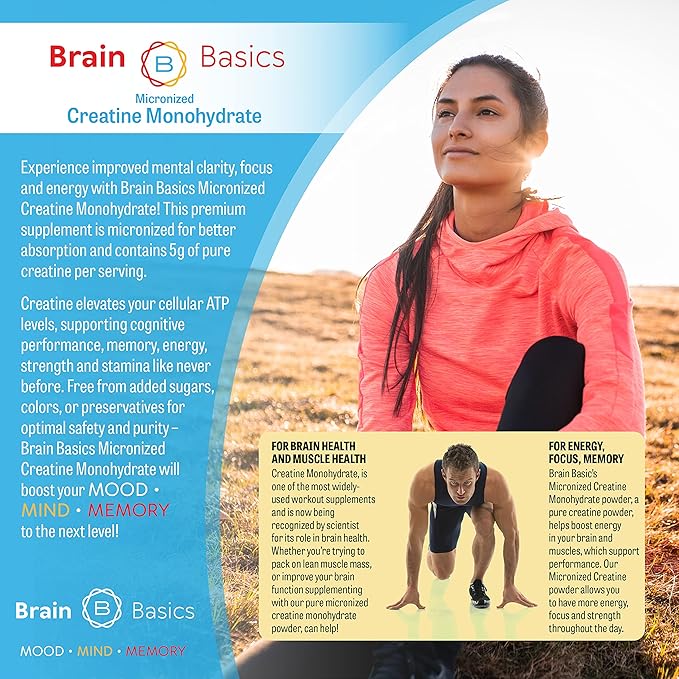 Brain Bean 500mg Unflavored Micronized Creatine Monohydrate Powder Helps Boost Energy for Brain Health - Non-GMO Gluten-Free Creatine Powder Supports Muscle Health (Made in USA)