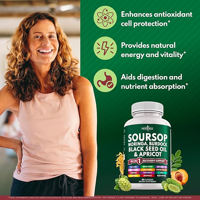 Soursop Supplement - Moringa Sea Moss Black Seed Oil Berberine Turmeric Apricot Quercetin Greens Bitters Boswellia Bitter Melon Burdock Root - 60 Capsules