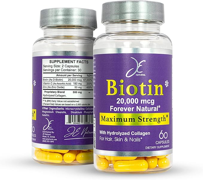 JE Natural Biotin Hair Skin and Nails Vitamins Vitamin C Biotin and Collagen Supplements That Make Hair Grow Faster and Longer for All Ages 60 Capsules of Biotin 20000mcg Maximum Strength.