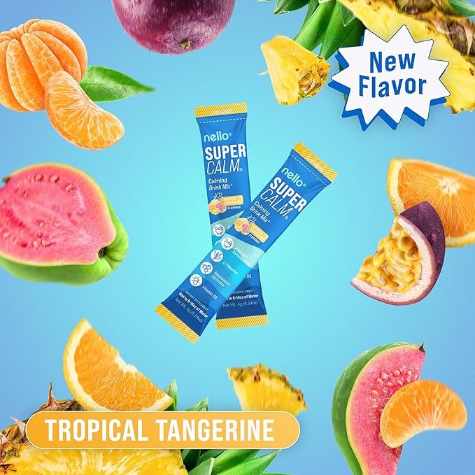 Nello Supercalm Drink Mix - Blue Coconut and Tropical Tangerine Ashwagandha KSM 66 Magnesium Glycinate &amp L-Theanine Supplement - Focus and Relaxation Support (2 x 20 Travel Packets)