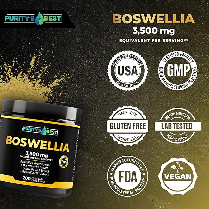 Purity’s Best BOSWELLIA SERRATA 4X + 10x + 20x ExtractImmune Support and Muscle Relief 200 Veggie Caps 100% Vegan