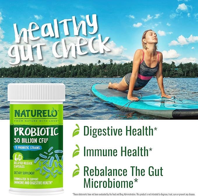 NATURELO Probiotics for Digestive Health - 60 Vegetarian Capsules and Magnesium Glycinate Chelate Complex - 120 Capsules Bundle