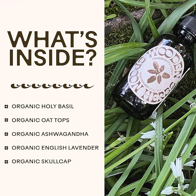 Wooden Spoon Herbs Tranquility Tonic | USDA Certified Organic Stress Relief &amp Sleep Aid Tincture | 6 Herb Complex with Organic Skullcap Ashwagandha Oat Tops Holy Basil Lavender | 2oz 32 Servi