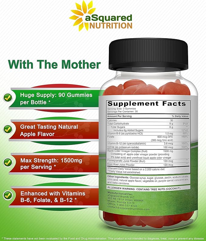 aSquared Nutrition Apple Cider Vinegar Gummies - 1500mg Per Serving - with The Mother - 90 ACV Gummies w/Vitamin B6 &amp B12 Folic Acid - Vegan Gummy Supplement Alternative to Capsules Pills &amp D