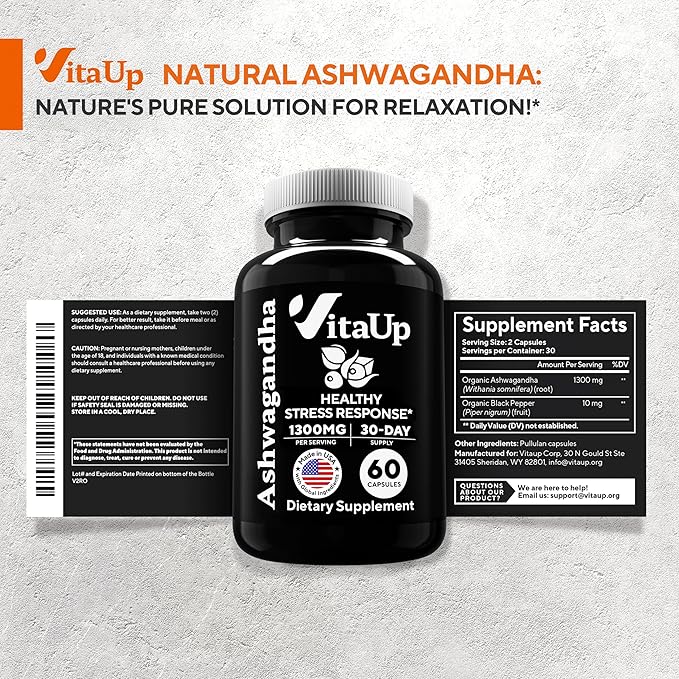 Ashwagandha Capsules 1310mg with Black Pepper - USA Made Ashwagandha Supplements for Relaxation Support Normal Cognitive Function &amp Balanced Energy Levels – 60 Caps