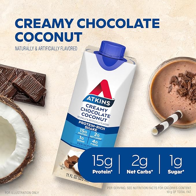 Atkins Creamy Chocolate Coconut Protein Shake15g Protein2g Net Carbs1g SugarKeto Friendly(Pack of 24)