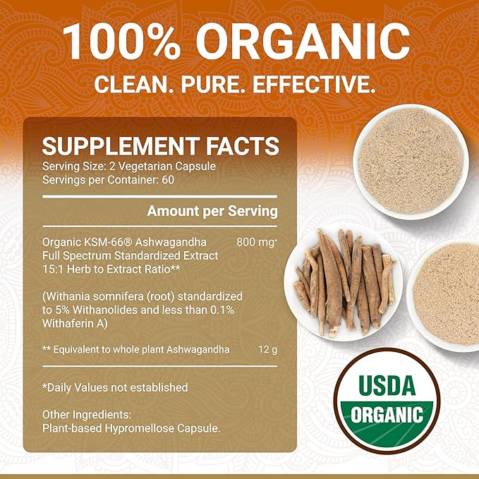True Veda USDA Organic KSM-66 Ashwagandha Supplements | Organic Ashwagandha for Women &amp Men | High Strength KSM 66 Capsules | Premium Aswagandha | Ashwaganda Root Extract | 60 Capsules