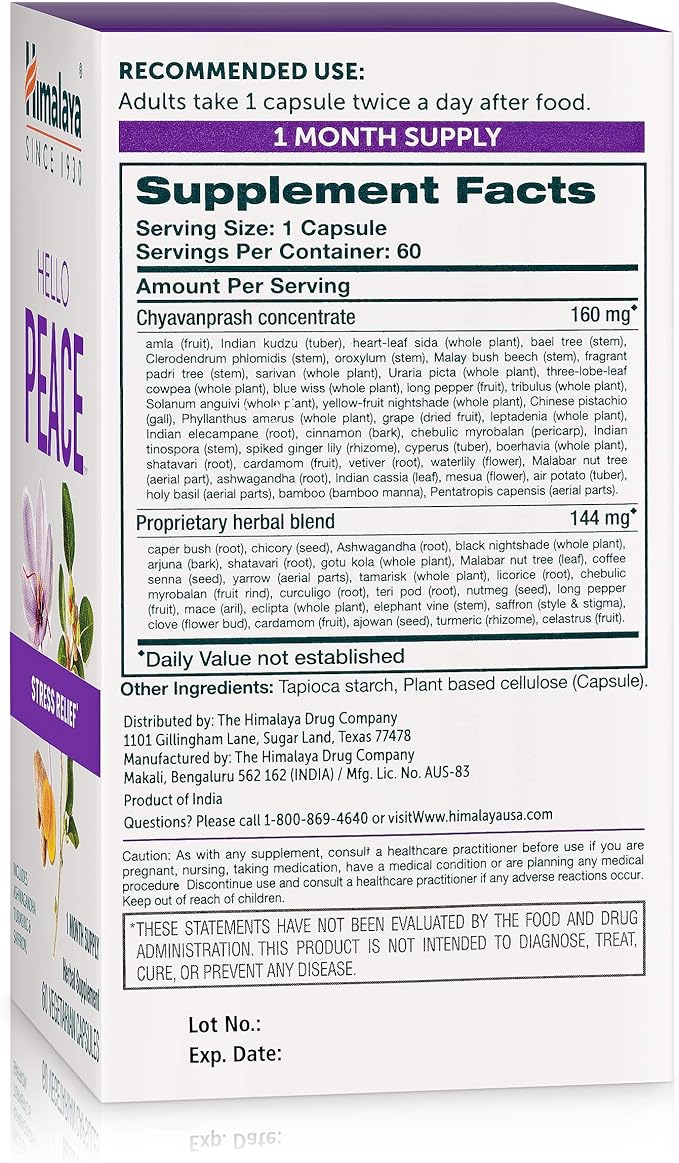 Himalaya Hello Peace - Herbal Stress Relief Supplement with Ashwagandha and Turmeric for Normal Cortisol and Adrenal Support - Vegan Non-GMO Gluten Free 60 Capsules