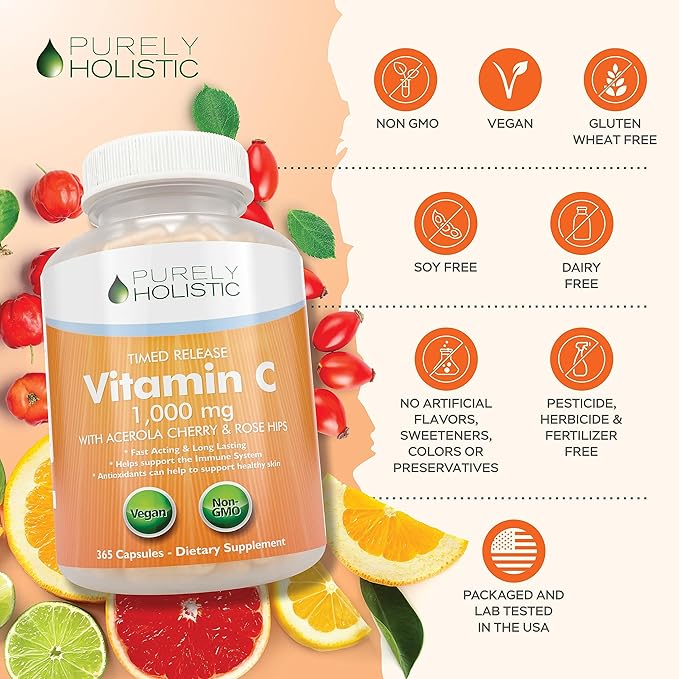Purely Holistic Magnesium Glycinate 400mg + Vitamin C 1000mg with Rosehip &amp Acerola Cherry Bioflavonoid - Vegan Bundle - 270 Tablets &amp 365 Capsules