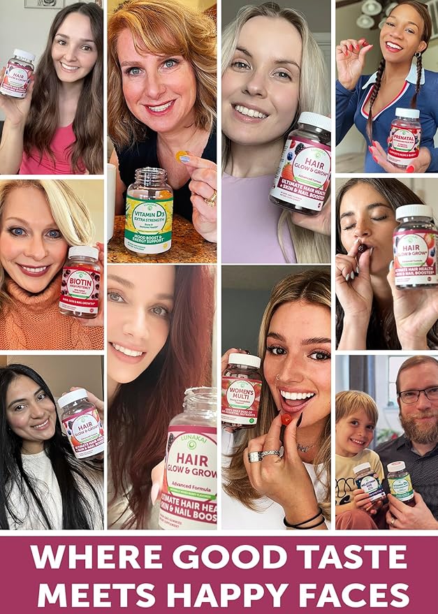 Lunakai USA Made Hair Glow &amp Grow + Collagen Extra Strength Gummies Bundle – Naturally Flavored Non-GMO – 60ct Each