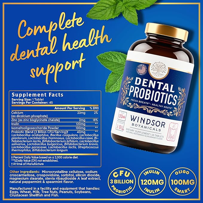 6-PACK Oral Probiotics for Teeth and Gums - 3BN CFU Lactobacillus Salivarius Acidophilus Rhamnosus - Bad Breath Treatment for Adults - 270 Chewable Mint Dental Probiotic Tablets for Women &amp Men