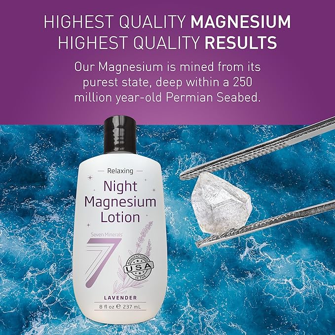 Seven Minerals Magnesium Lotion for Sleep - Lavender Relaxing Night Blend - Highly Concentrated Magnesium for Better Sleep Body &amp Mind Relaxation. Non-Greasy Skin Friendly - 8 fl oz