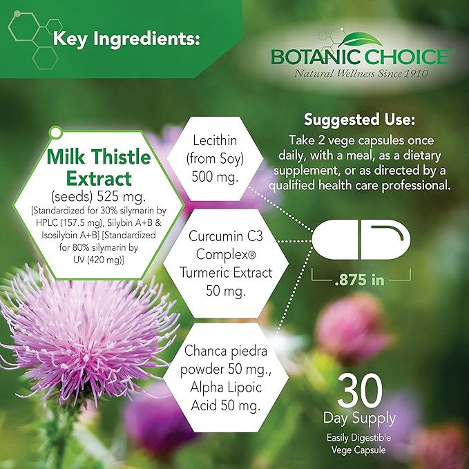 Botanic Choice Liver 10 Complex - Premium Liver Health Support and Wellness Supplement - Natural Herbal Blend with Milk Thistle Extract Lecithin and Curcumin C3-60 Pills